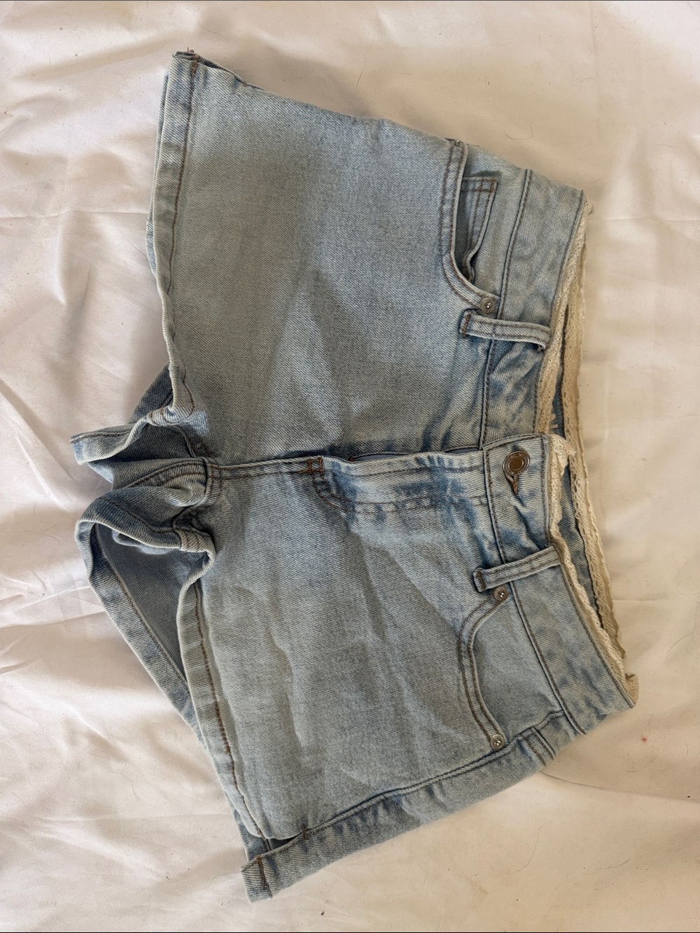 No Boundaries Light Blue Denim Cutoff Shorts w lace on waistline